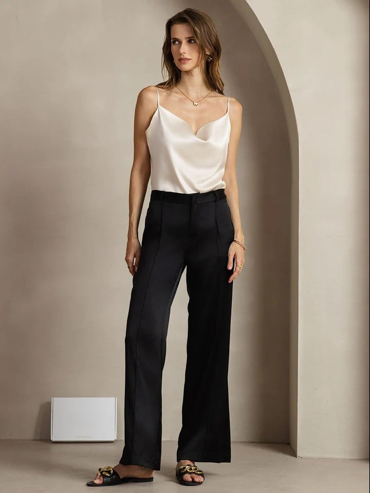 Düz Paça Cepli İpek Kadın Pantolon Premium