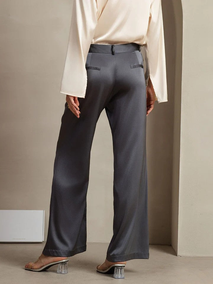 Düz Paça Cepli İpek Kadın Pantolon Premium