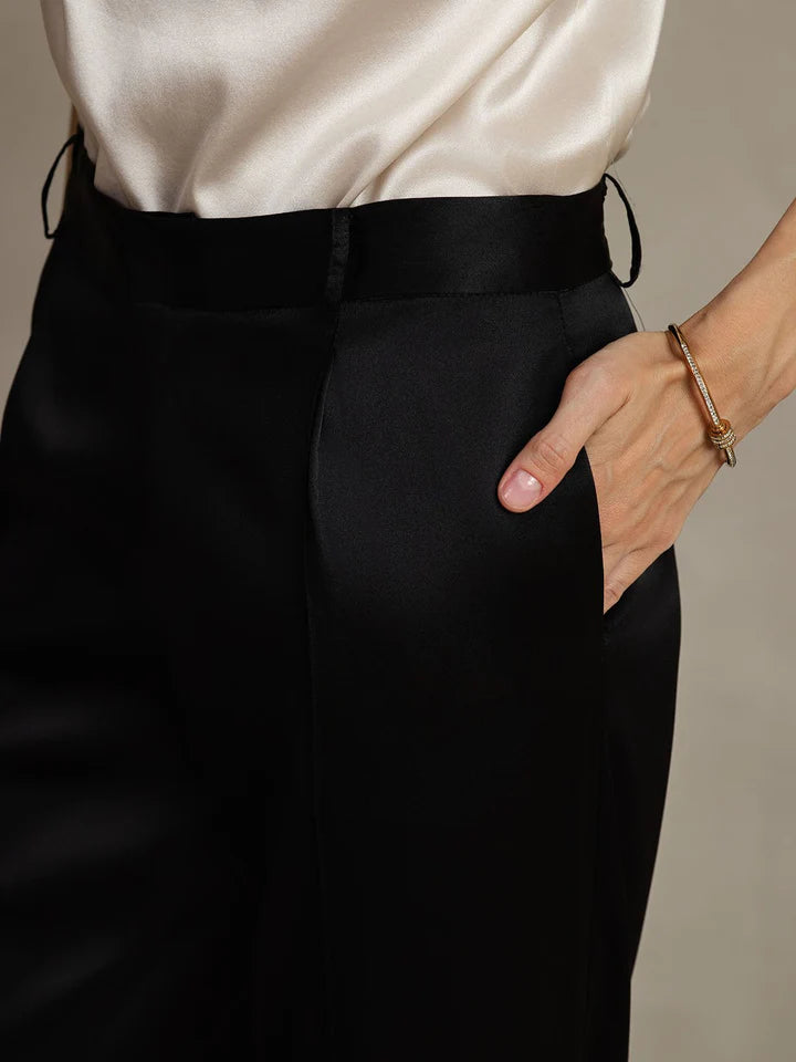 Düz Paça Cepli İpek Kadın Pantolon Premium
